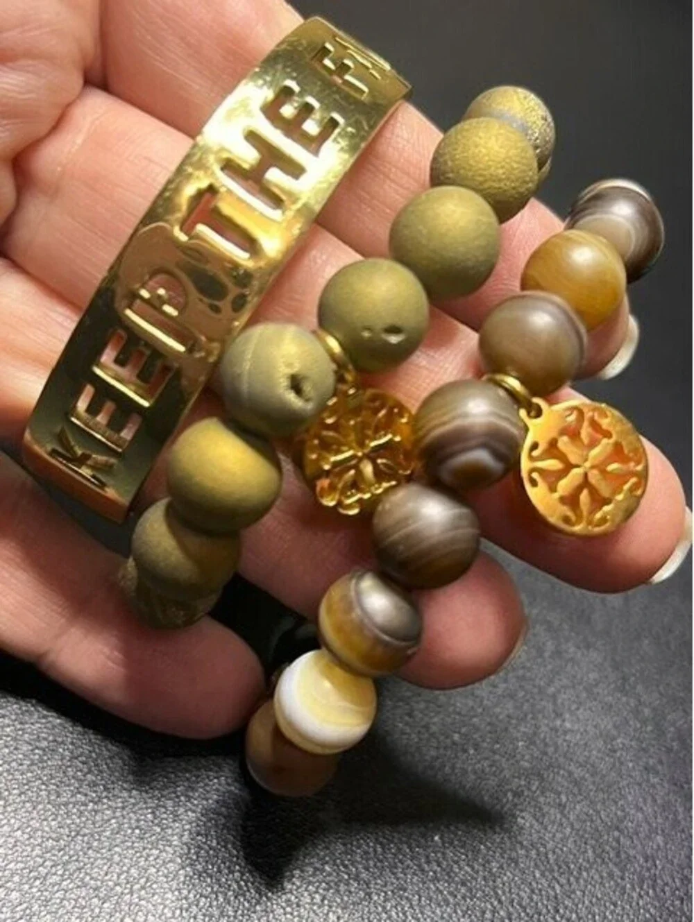 B66232 3pc set Rustic Cuff Gold Tone KEEP THE FAITH Cuff & Beaded Agate Stretch